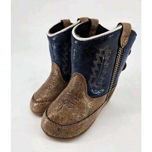 Old West Poppets Infant Jama Soft Faux Leather Cowboy Boots Brown Blue Sz 4 - Picture 1 of 8